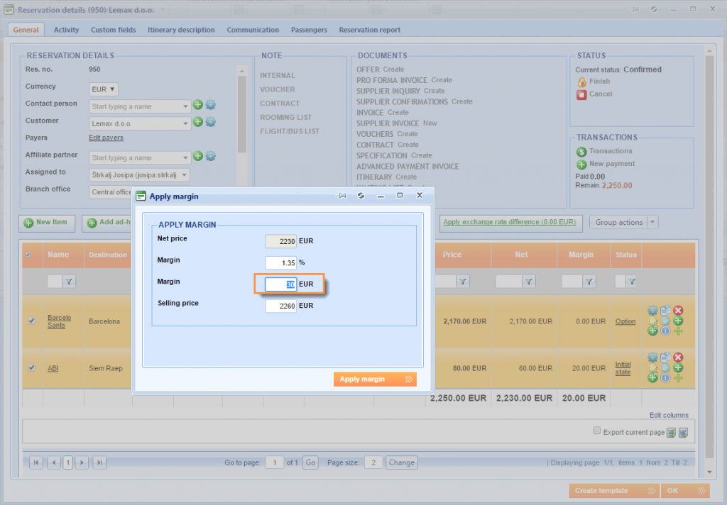 Apply margin – group action on more than one reservation items at once 3